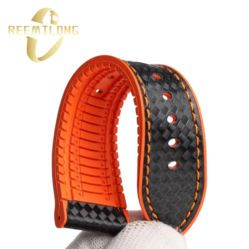 Carbon fiber silicone bottom strap 20 22 24mm Black red line Orange line Blue line White line watchband for Omega Seamaster 300