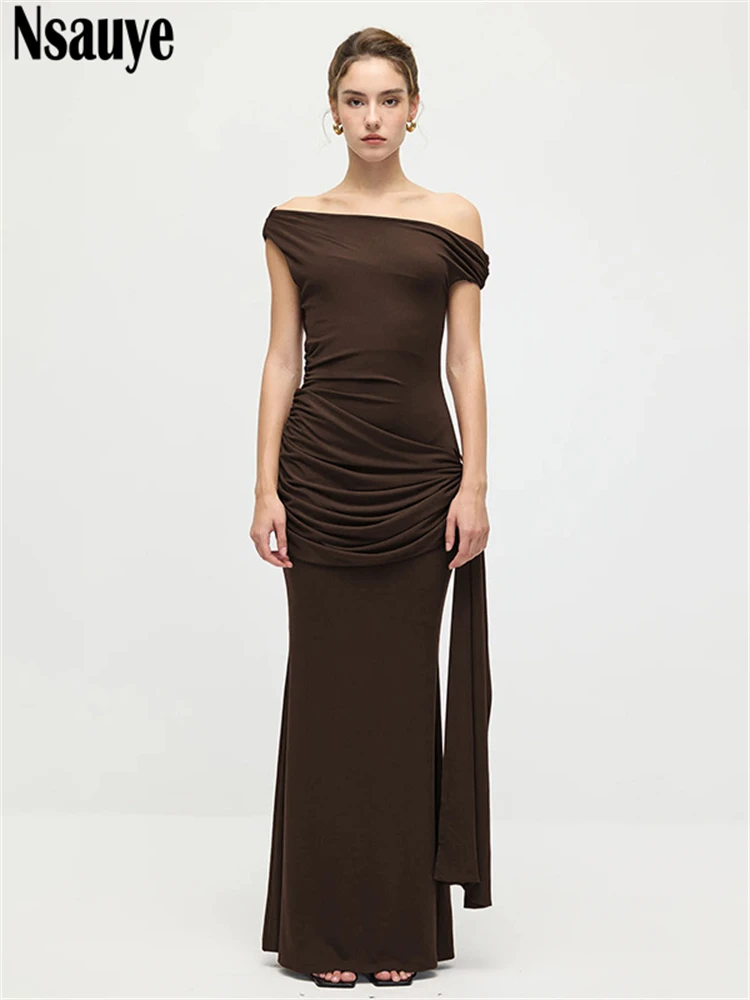 Nsauye エレガントな女性用ワンショルダーセクシーレースアップロングボディコンファッションドレス2025アウトフィットブラックナイトクラブパーティーイブニングドレス