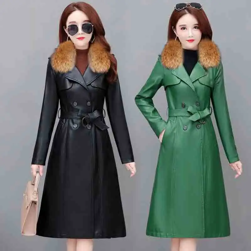 Autunno inverno New Haining Leather Women Long Korean Version Slim Fashion Temperament Large Size Women Leather Trench Coat