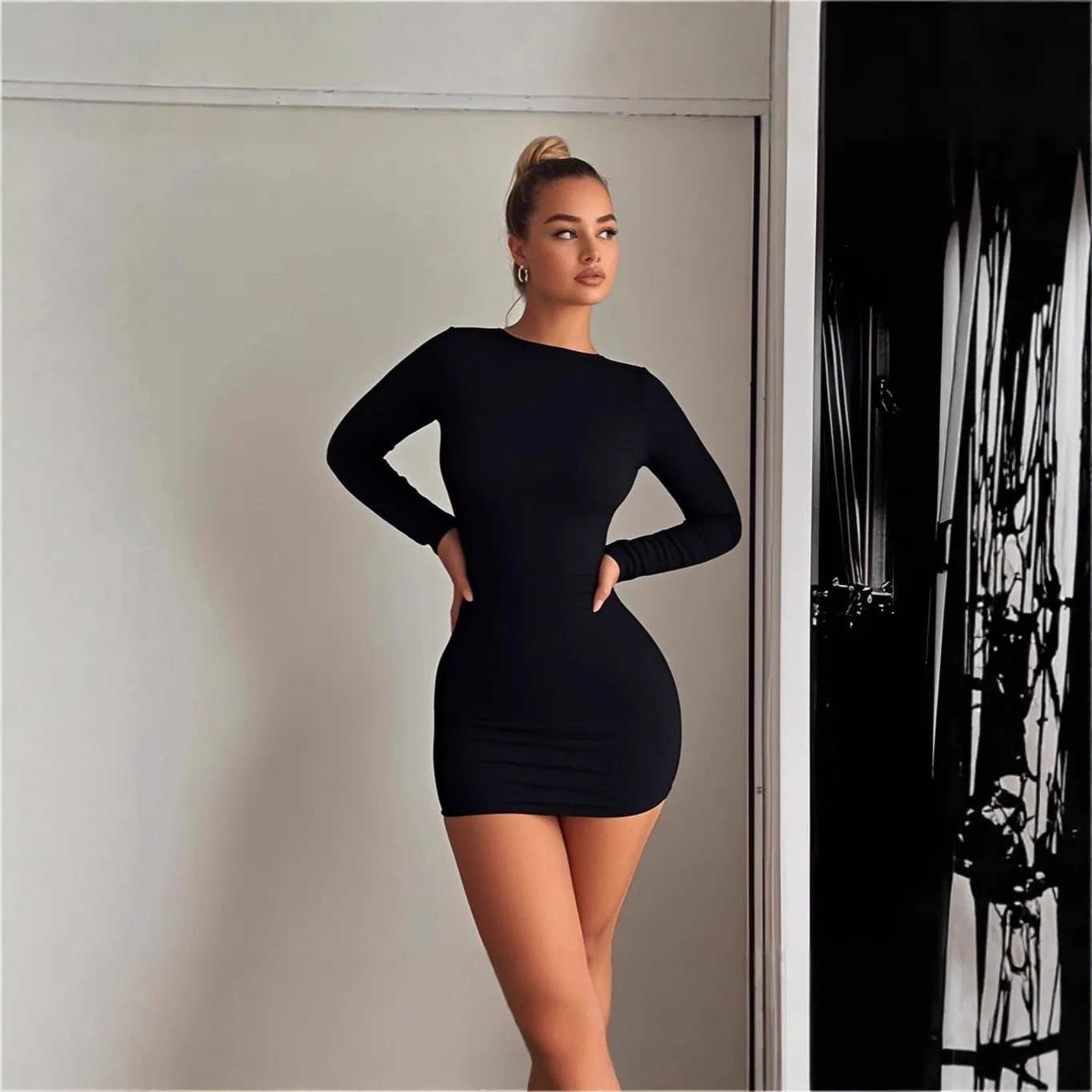 KIDCRKJ Damen-Kleid, schlicht, klassisch, rückenfrei, langärmelig, O-Ausschnitt, Basic, lässig, Minikleid, eng anliegend, Streetwear, Club, sexy Kleid