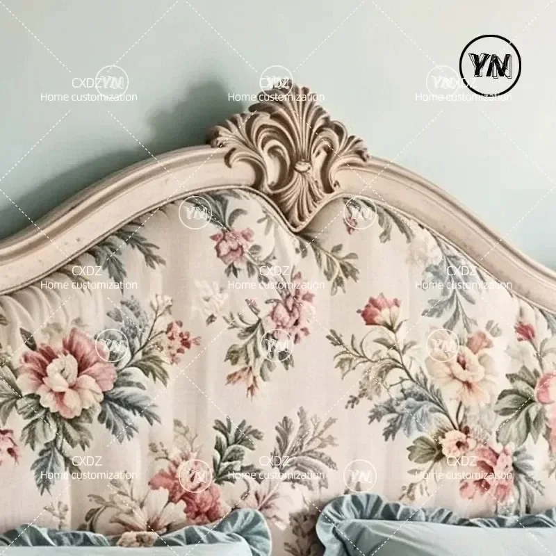 French Retro Solid Wood Bed Carved Headboard Soft Upholstered Floral Print Double Single Bedroom Furniture