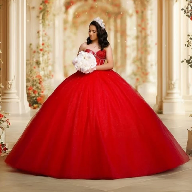 

Red Shiny Quinceanera Dresses Off The Shoulder Beading Crystal Bow Tull Party Birthday Sweet 16 Dress Vestidos 15 De Anos
