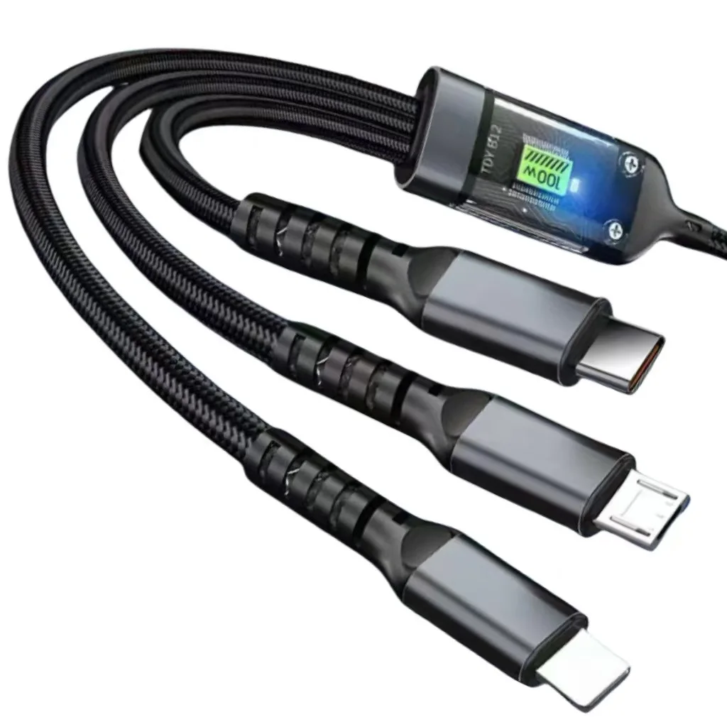 Transparent 3 in 1 100W Fast Charging Cable USB Type C Micro IP for iPhone 15 Samsung Huawei Phone 6A Data Cord