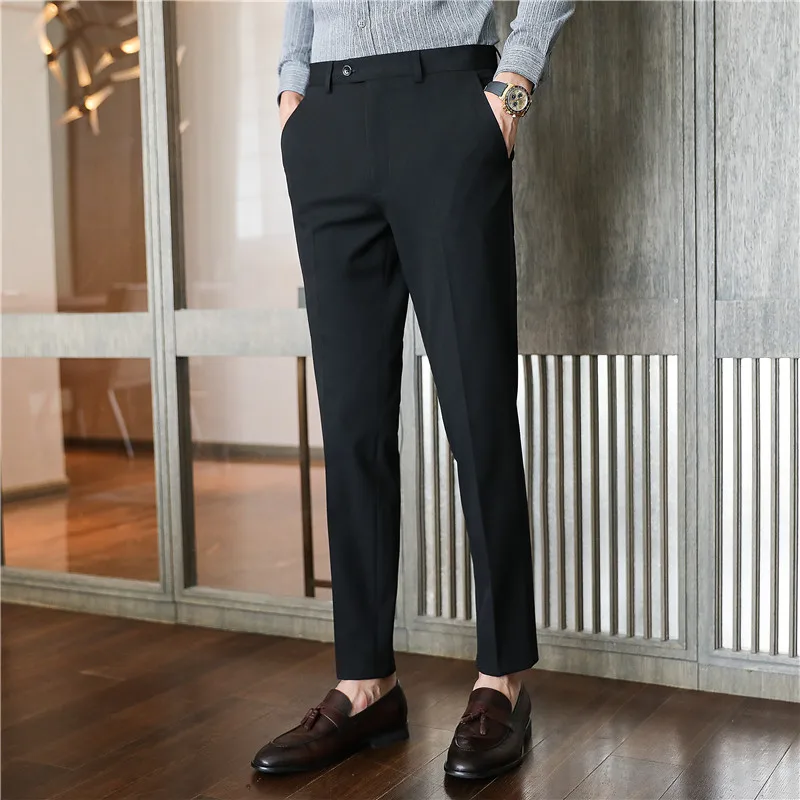 

New Men Non-iron fabric Slim Straight Black Casual Suit Pants Male Business Suit pants Blue Black Grey Thin Formal Trousers Male