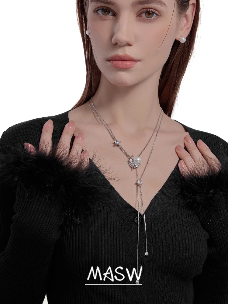 MASW Original Design Elegant Temperament Simulated Glass Pearl Chain Necklace For Women Girl Wedding Gift Fine Jewelry