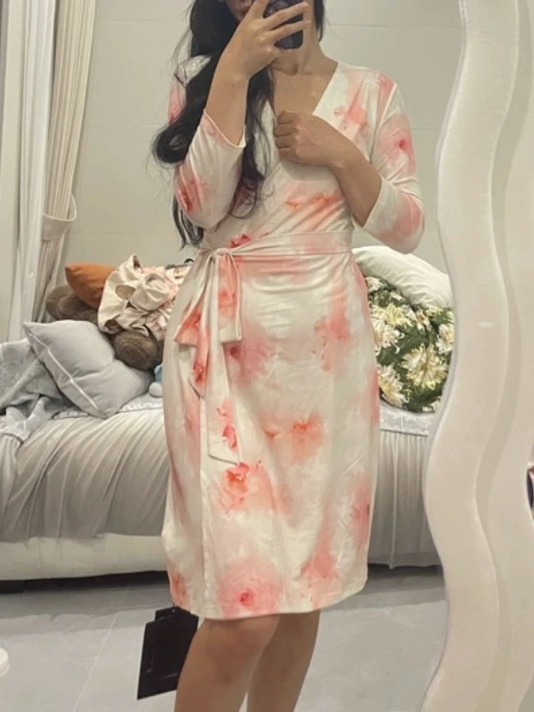 Lente Herfst Nieuwe Vintage Mode Elegante Jurk Vrouwen Bloemenprint V-hals Lange Mouw Kant-up Gebreide Jurk Slim Fit Feestjurk