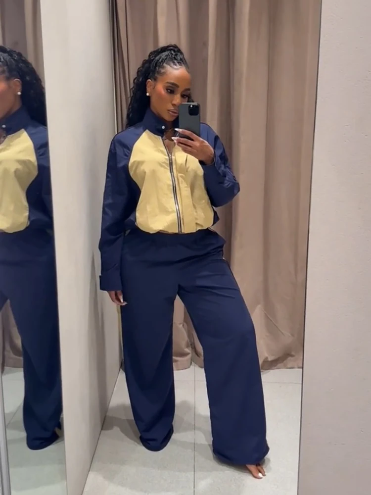 Fashion Color Block 2 Piece Set Casual Stand Collar Zip Up Jacket Elastic Waist Wide Leg Trousers Autumn Trendy Street Outfit