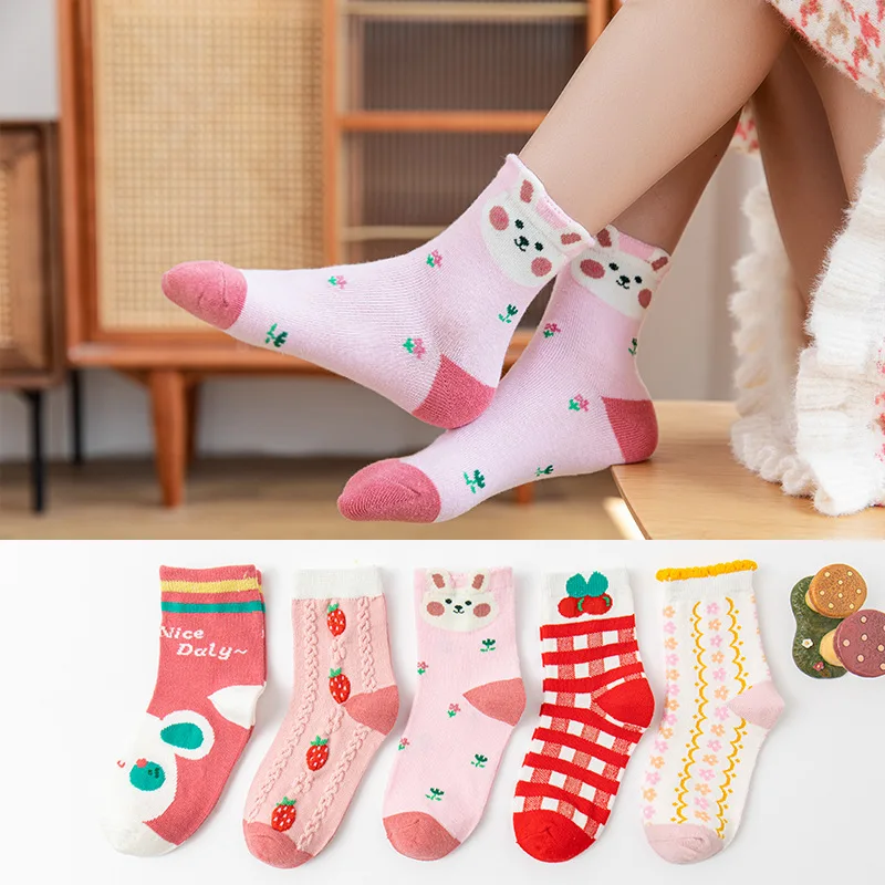 5pairs children cotton socks girls socks fashion spring autumn girls cartoon socks 3-15 years children socks