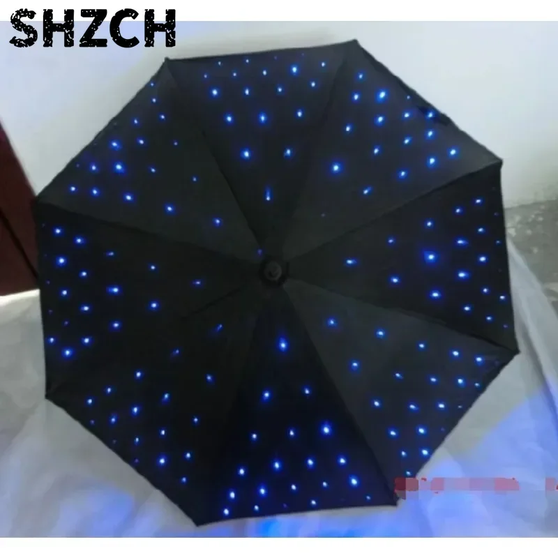Creative Sunproof Double Layer Straight Shaft Sun & Rain Umbrella with Twinkle Star Canopy  LED Light Up Umbrella