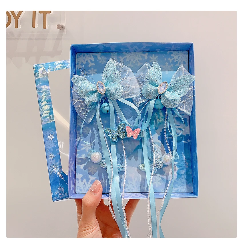 2026 Eisblau Schneeflocken-Prinzessin Mädchen Haarschmuck-Set Tüllschleife Langes Band Glitzernde Haarspangen für Kleinkind-Mädchen – Detail 4