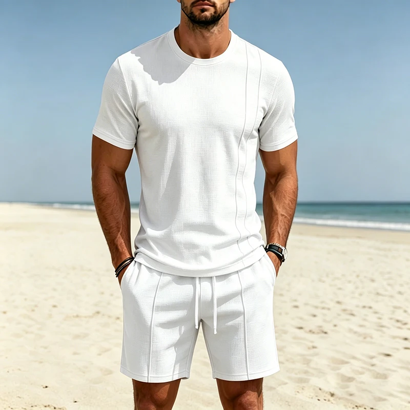 2026 New Men Waffle Knit 2 Piece Outfit Round Neck Short Sleeve Tee Drawstring Shorts Summer Casual Matching Set