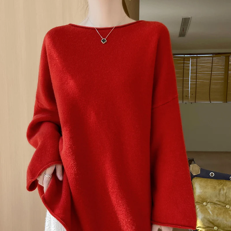 Autumn and winter new women\'s sweater 100% pure wool solid color O-neck cashmere fashion thickened loose plus size knit pullover