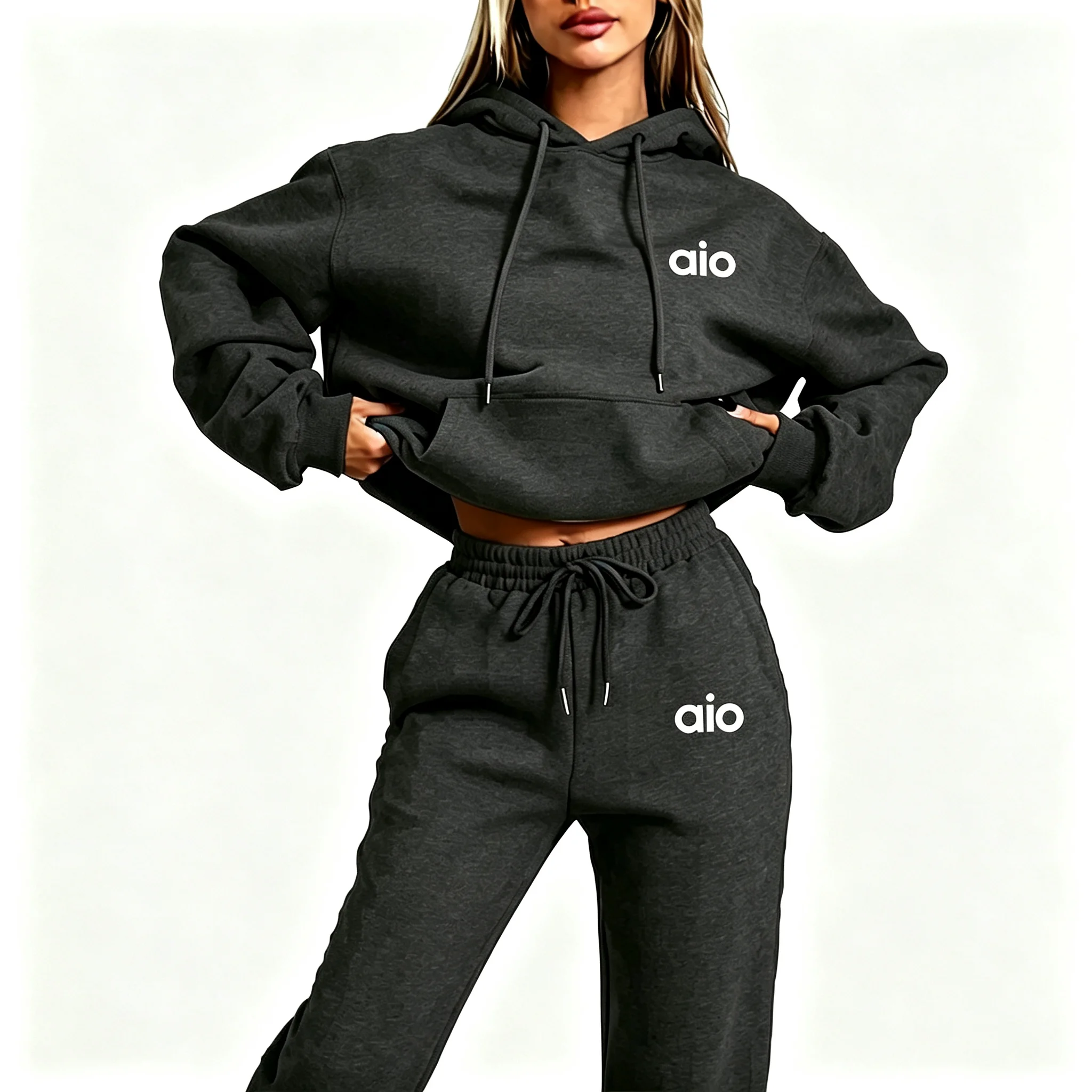 2026 AI-Druck Hochwertiges Damen-Monochrom-Kapuzen-Hoodie-Set Lässiges Zweiteiler-Set Neue Mode Heißer Trainingsanzug mit Jogginghose – Detail 7