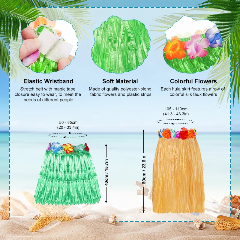 Hawaiian Luau Hula Skirt Set 12 Grass Skirts 12 Wrist Straps 12 Wreaths For Hawaiian Theme Parties Performances And Beach Events