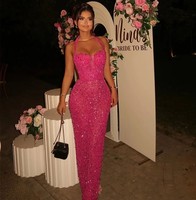 Hot Fuchsia Mermaid Prom Party Dress Halter Sleeveless Sequins Beads Long Formal Evening Pageant Gown Birthday Robe De Soriee