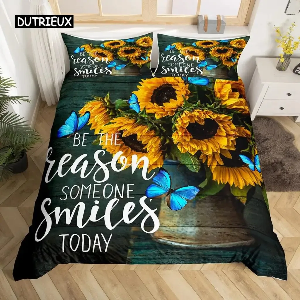 Sunflower Duvet Cover Set Yellow Flower Bedding Set Sunflower Botanical Floral Garden Bloom Print on Black Quilt Cover