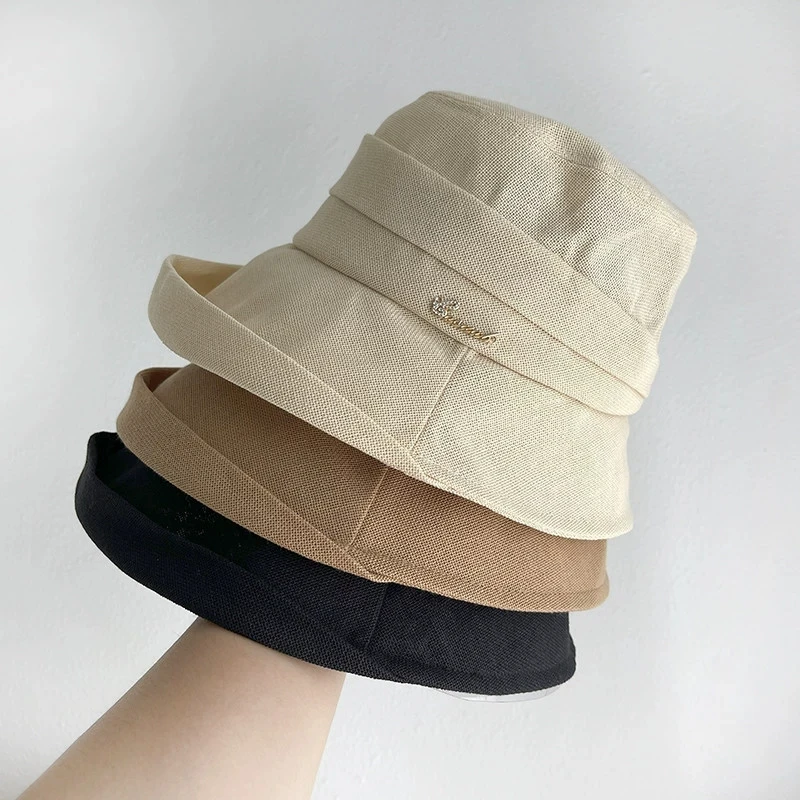 2026 Summer Lightweight Breathable Linen Bucket Hat Rolled Brim Sun Hat Wide Brim Face-Covering Bucket Hats