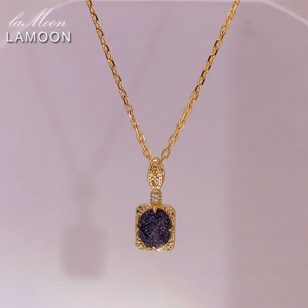 

LAMOON Luxury Natural Blue Sandstone Gemstone Pendant Necklace For Women Exquisite 925 Sterling Silver Gold Vermeil Fine Jewelry