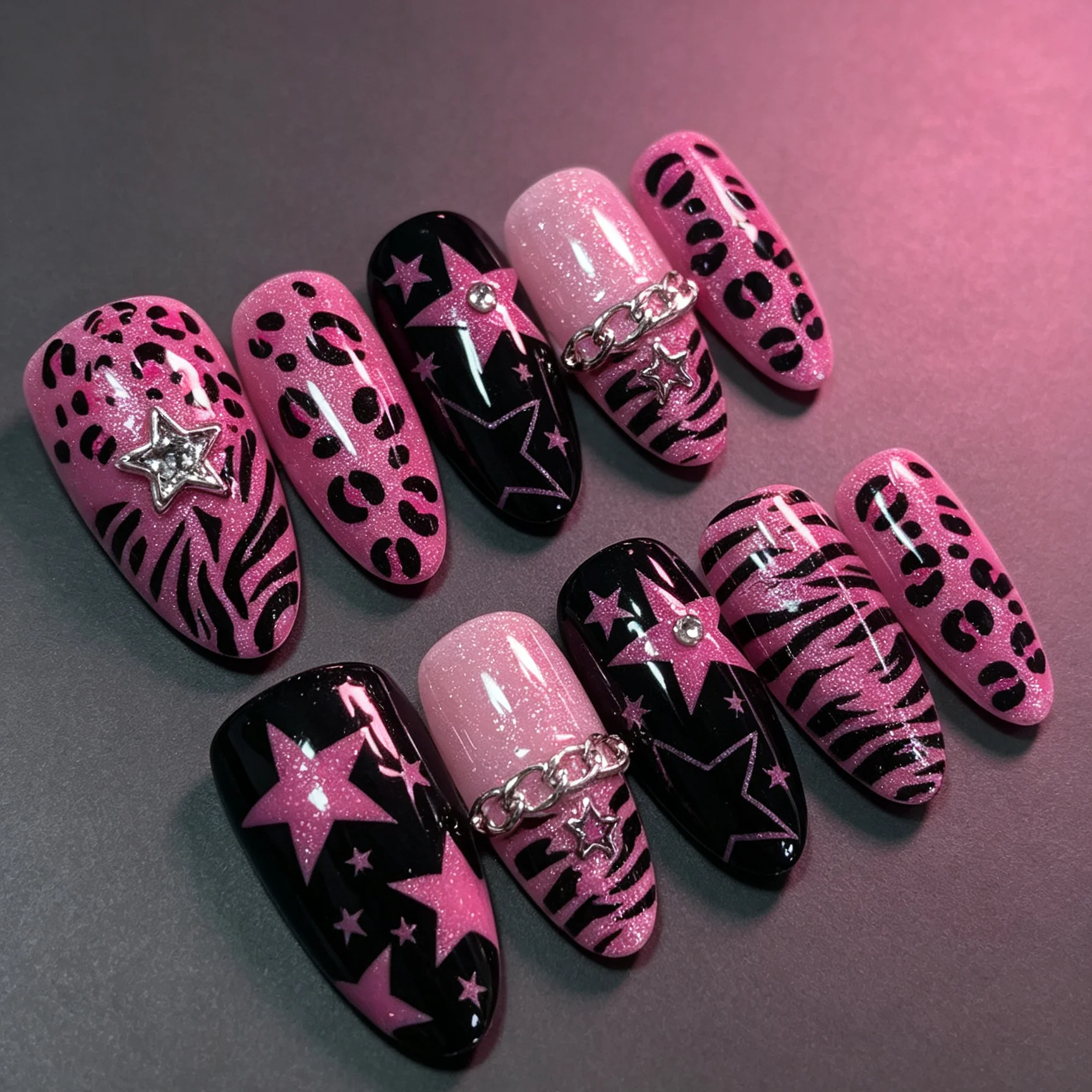 10 hand pressed almond shaped nails, beautiful fake nails, personalized purple pink leopard print, suitable for women to use