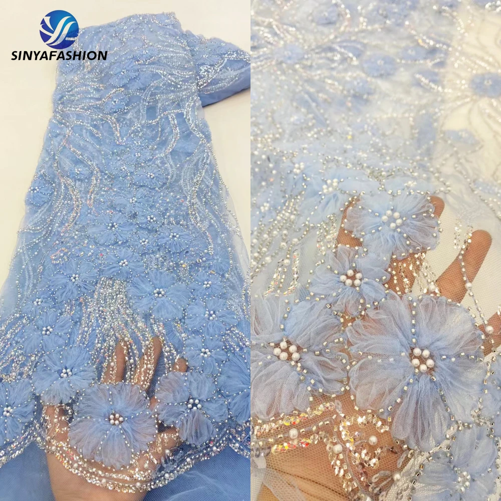 Sinya Embroidery Sequins Pearls African Nigerian French Tulle 3D Lace Fabric High Quality 2024 Luxury Bridal beaded Wedding Lace