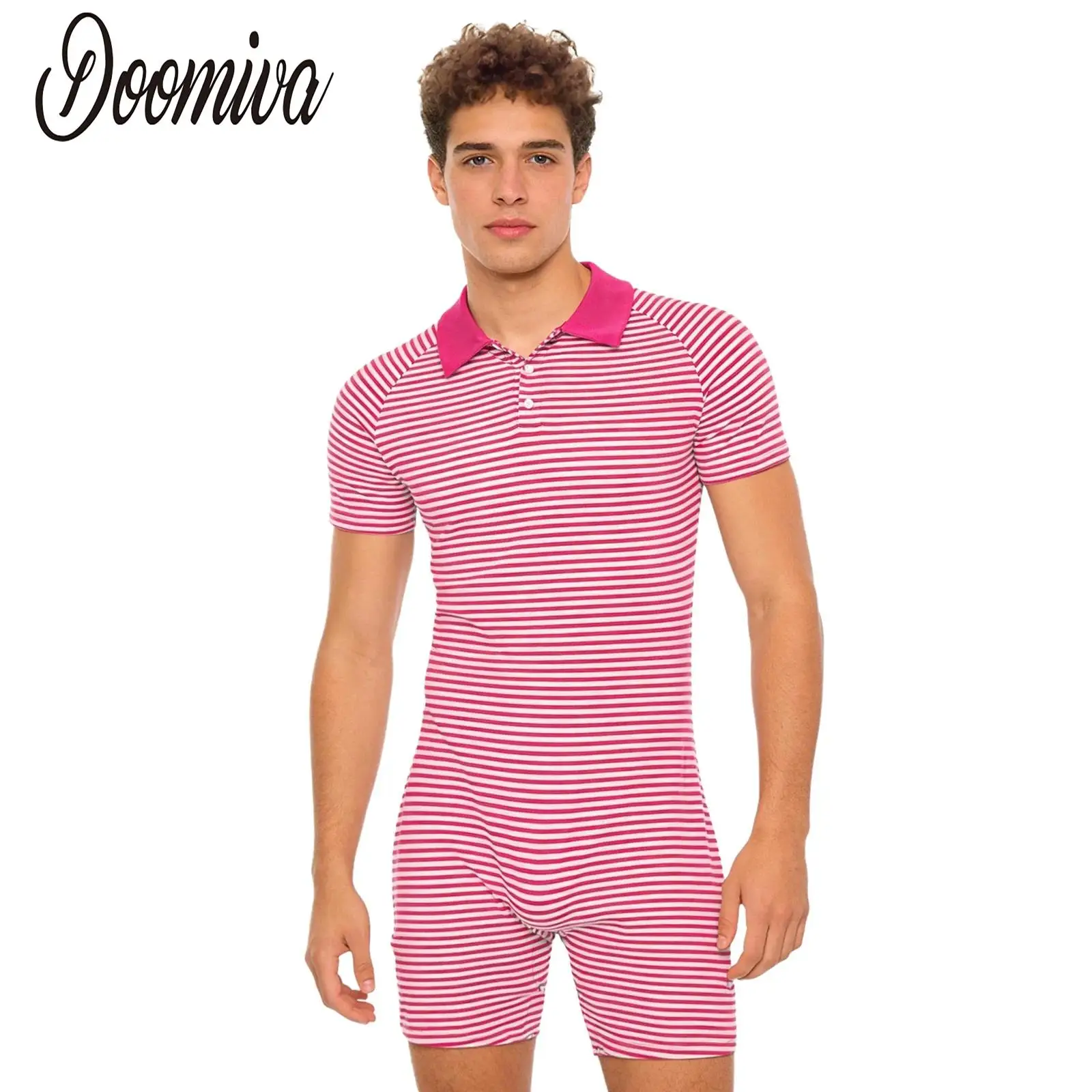 

Men Striped Short Sleeve Bodysuit Pajamas Turn-down Collar Buttoned Crotch Cozy Jumpsuits Homewear Loungewear for Leisure Time