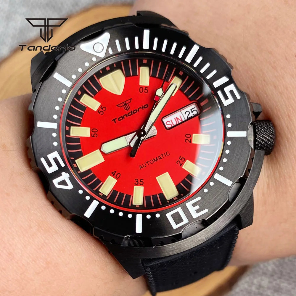 Tandorio NH36 Monster 20Bar Diver Black PVD Automatic Men Watch Double Date Sapphire Crystal 42mm Mechanical Wristwatch Luminous