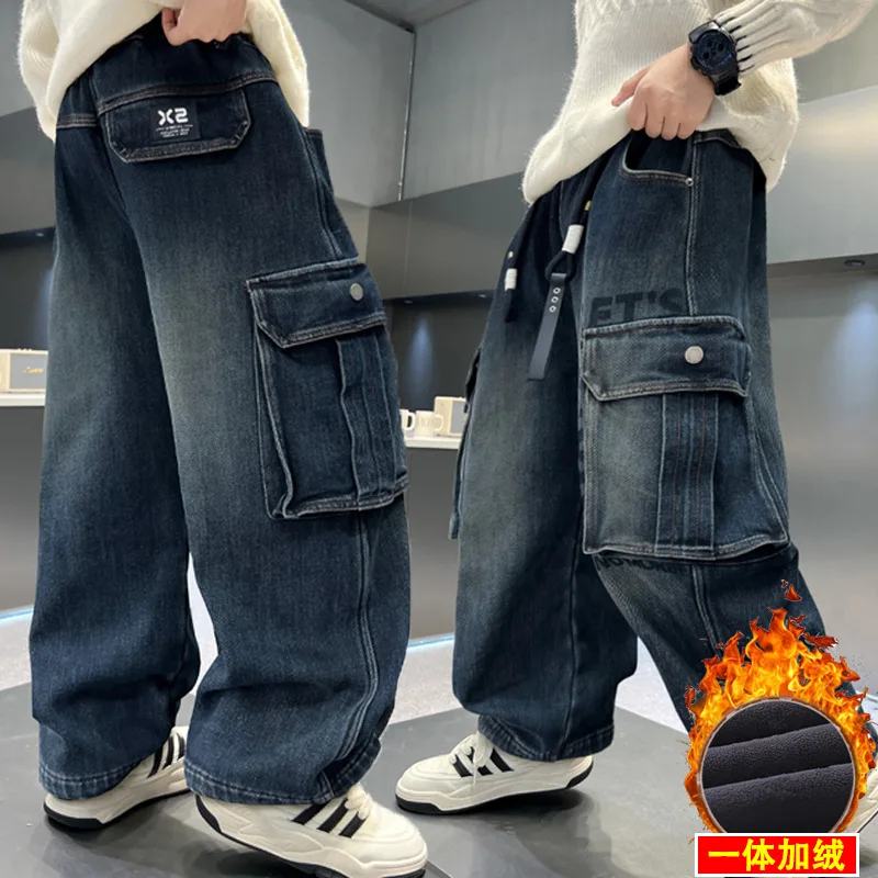 بنطال جينز للأولاد سميك قطعة واحدة مخملي 2025 سروال دينم فضفاض على الموضة للأطفال جديد لملابس الخريف والشتاء #3