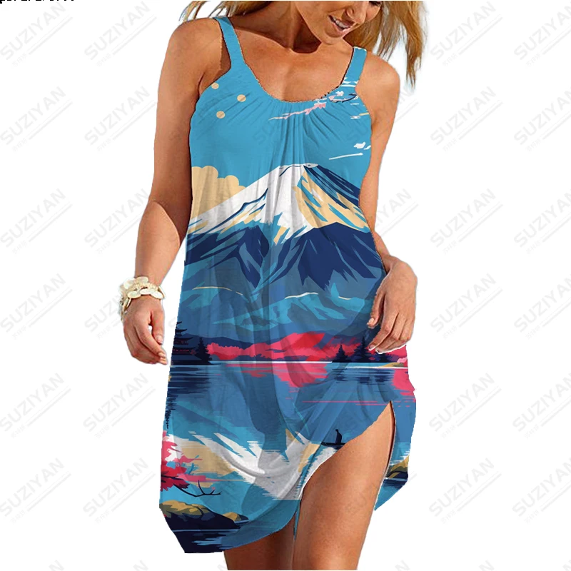 Female New Dress Japanese Style Snow Mountain Print Dress Summer Comfortable Breathable Dress Casual Sleeveless Dress