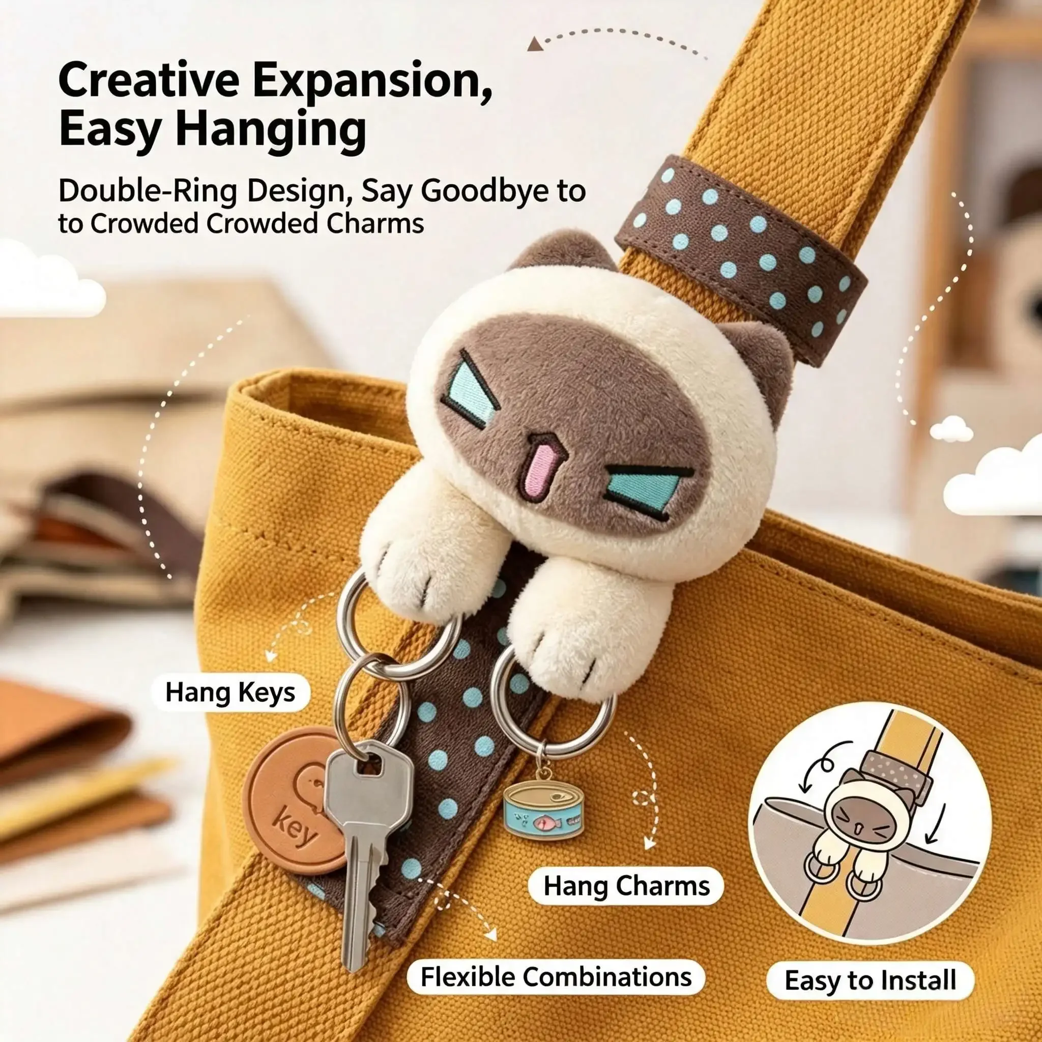 Kawaii Cartoon-Katzen-Schlüsselanhänger, Niedlicher Flauschiger Kätzchen-Taschenanhänger, Schlüsselring, Rucksack-Dekoration, Kreatives Geschenk für Schülerinnen, Accessoires – Detail 3