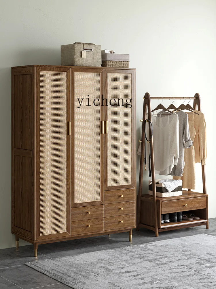 Tqh Solid Wood Locker White Wax Simple Small Apartment Home Bedroom Light Luxury Three-Door Rattan Wardrobe