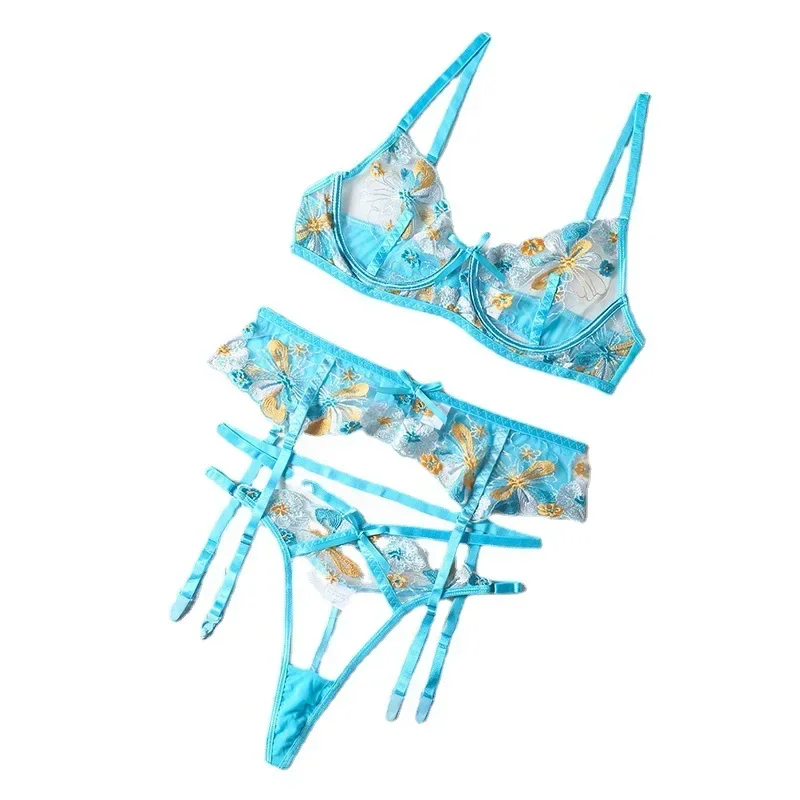 Top Fashion Sexy Transparent Mesh Bra and Panty Set Women Embroidered Printed Garter Belt Three Piece Fun Set Backless Bra Set