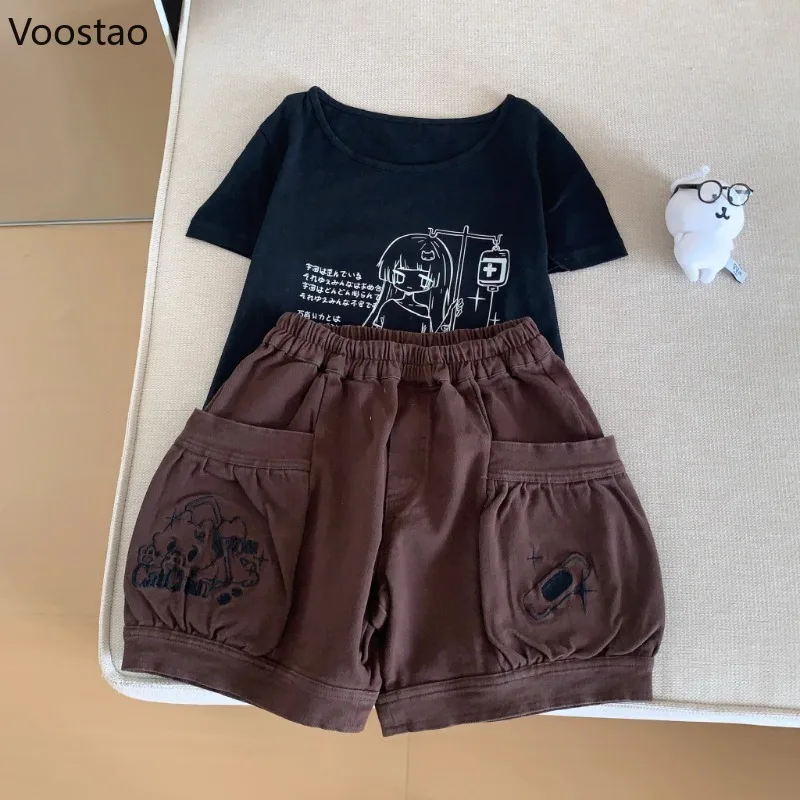 日本のかわいいロリータスタイルショーツ女性甘い漫画刺繍弾性ウエストショートパンツ夏の女の子かわいい Y2k ポケットショーツ