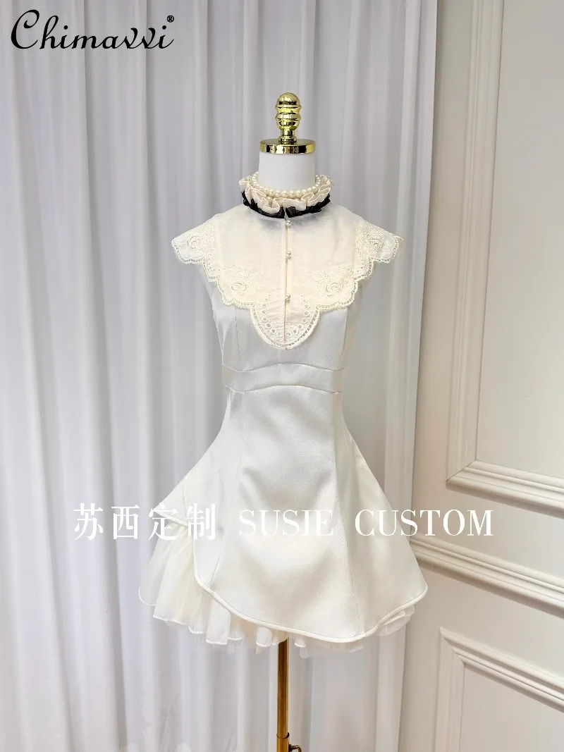 

New 2026 Summer High-end French Court Embroidered Lace Stand Collar Camisole Dress Women's Elegant Mesh Hem Birthday Gown