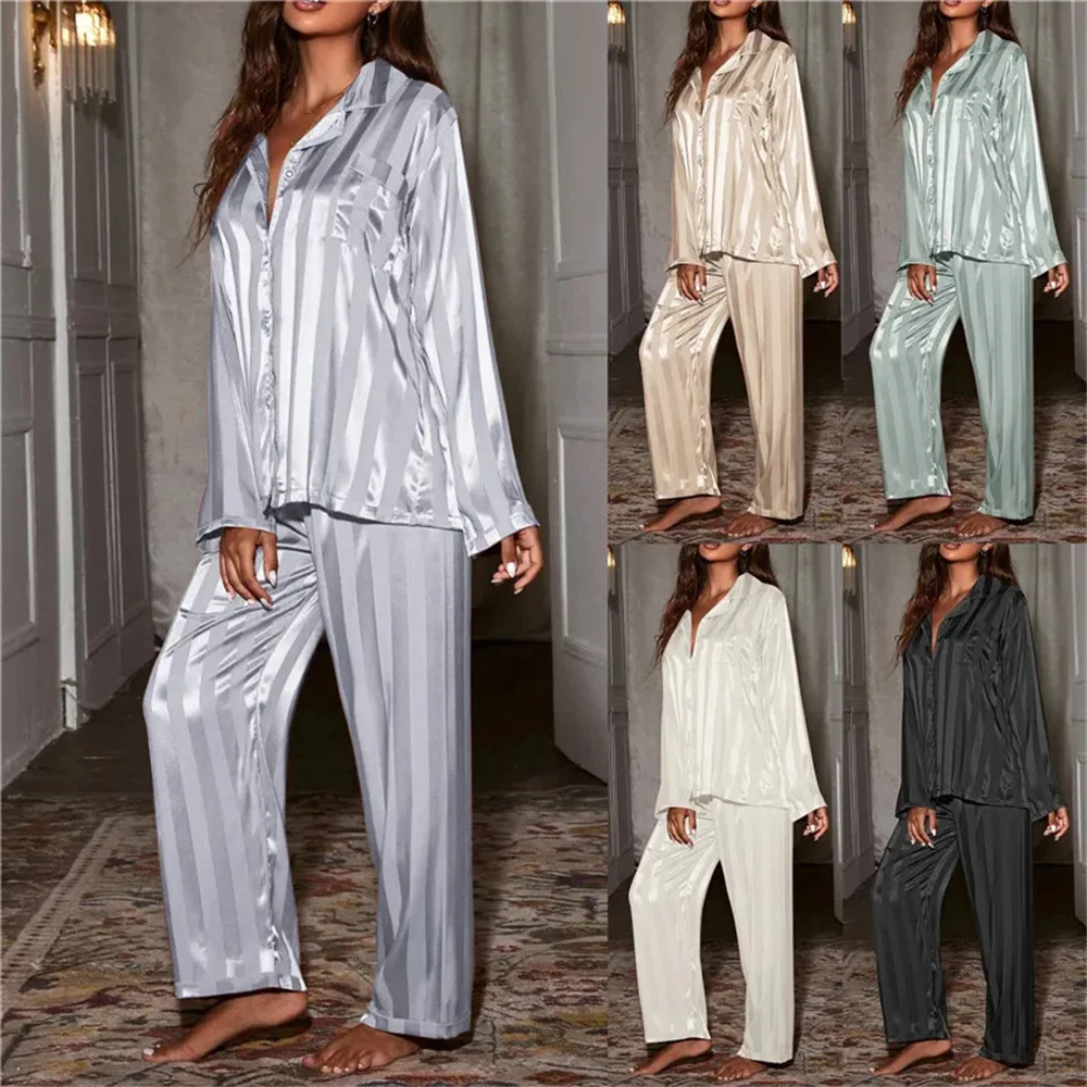 Women's Pajama Set Summer Striped Long Sleeve Top Trousers Silk Satin Home Suit Spring Autumn Loose Casual Sleepwear Nightwear