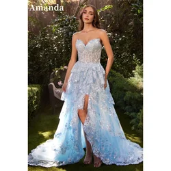 Amanda Baby Blue Lace Prom Dress 2024 Princess Strapless Side Split Formal Occasion Dresses Sweet Shiny Lace Train Party Dress