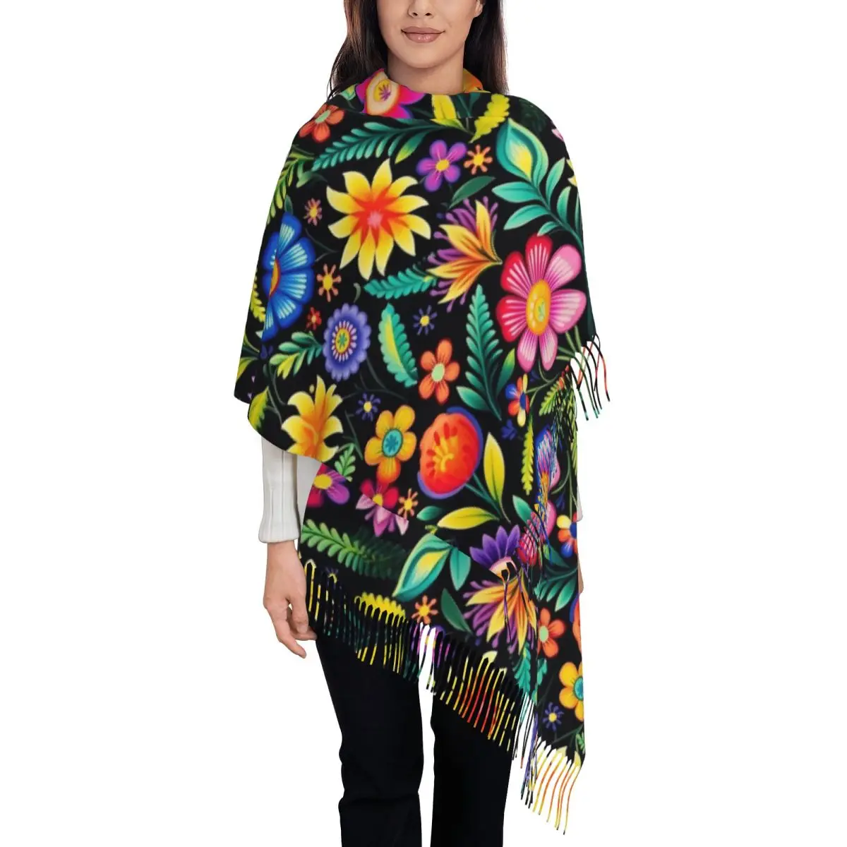 Custom Printed Colourful Flowers Mexican Floral Scarf Women Men Winter Warm Scarves Shawls Wraps