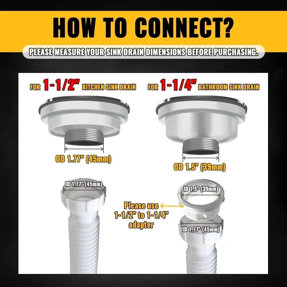 Sink Drain Pipe Kit with Expandable P Trap for Double Sinks 20 to 80cm Adjustable Length Thick PP Construction