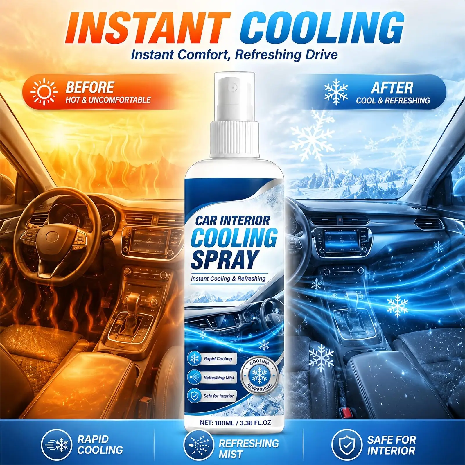 100ml Car Interior Cooling Spray Fast-Acting Freeze Spray Cools Leather Seats Dashboard Steering Wheel, Odor Eliminator view 6