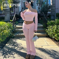 BIIKPIIK Solid Casual Pants Sets Concise Sexy Women Sets Slash Neck Crop Top + Pants Yoga Suits Hot Sweet Outfits Sporty Fitness