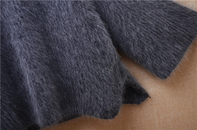 Ladies Women Spring Autumn Clothing Grey Hairy Mink Cashmere Knitted O-Neck Long Flare Sleeves Loose Pullover Angora Fur Sweater