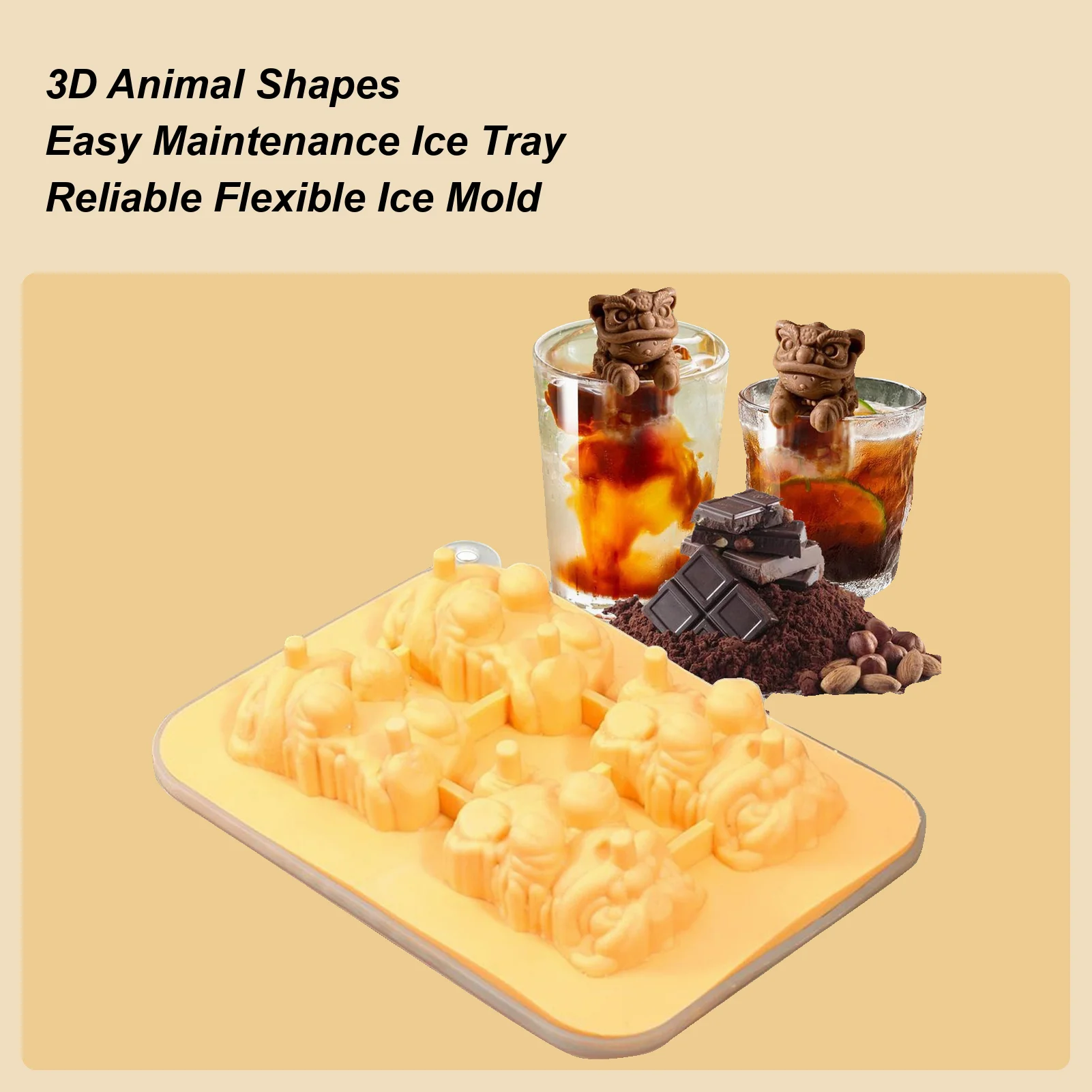 

Silicone Ice Mold Silicone Ice Trays 3D Animal Molds 4-Grid Cube Maker Tool Non-Stick Reusable For Bourbon Whiskey Juice