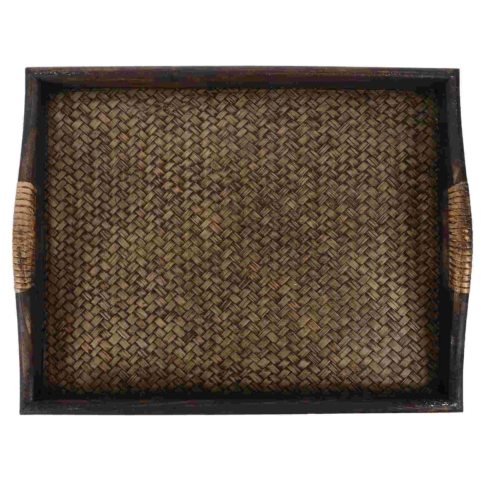 

Food Tray Thai Rattan Snack Serving Rectangle Water Cup Coffee Wood Tea Bread for Eating