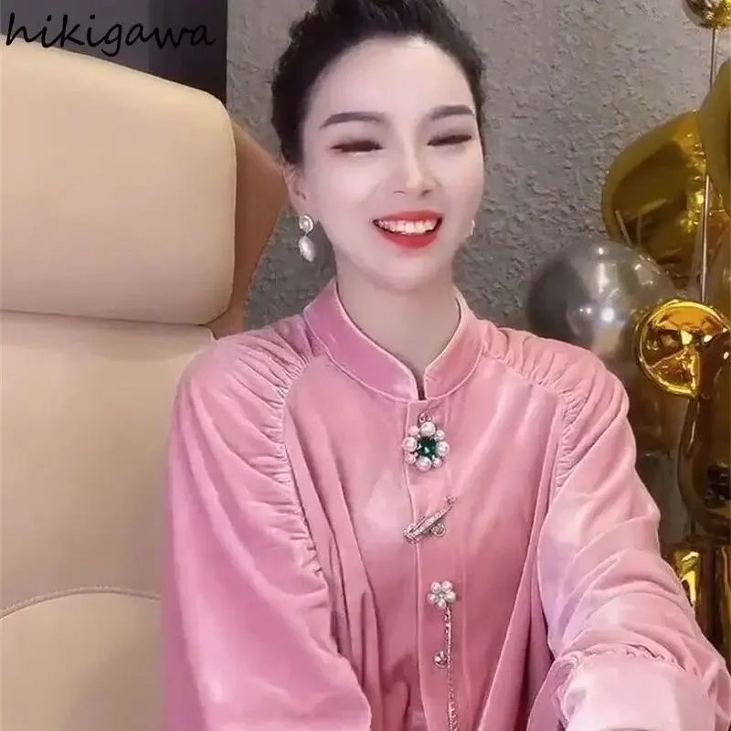 Korean Velvet Camisas De Mujer Pink Blouses for Women Temperament Lady Tops Oversized Shirts Stand Neck Vintage Fashion Blouse