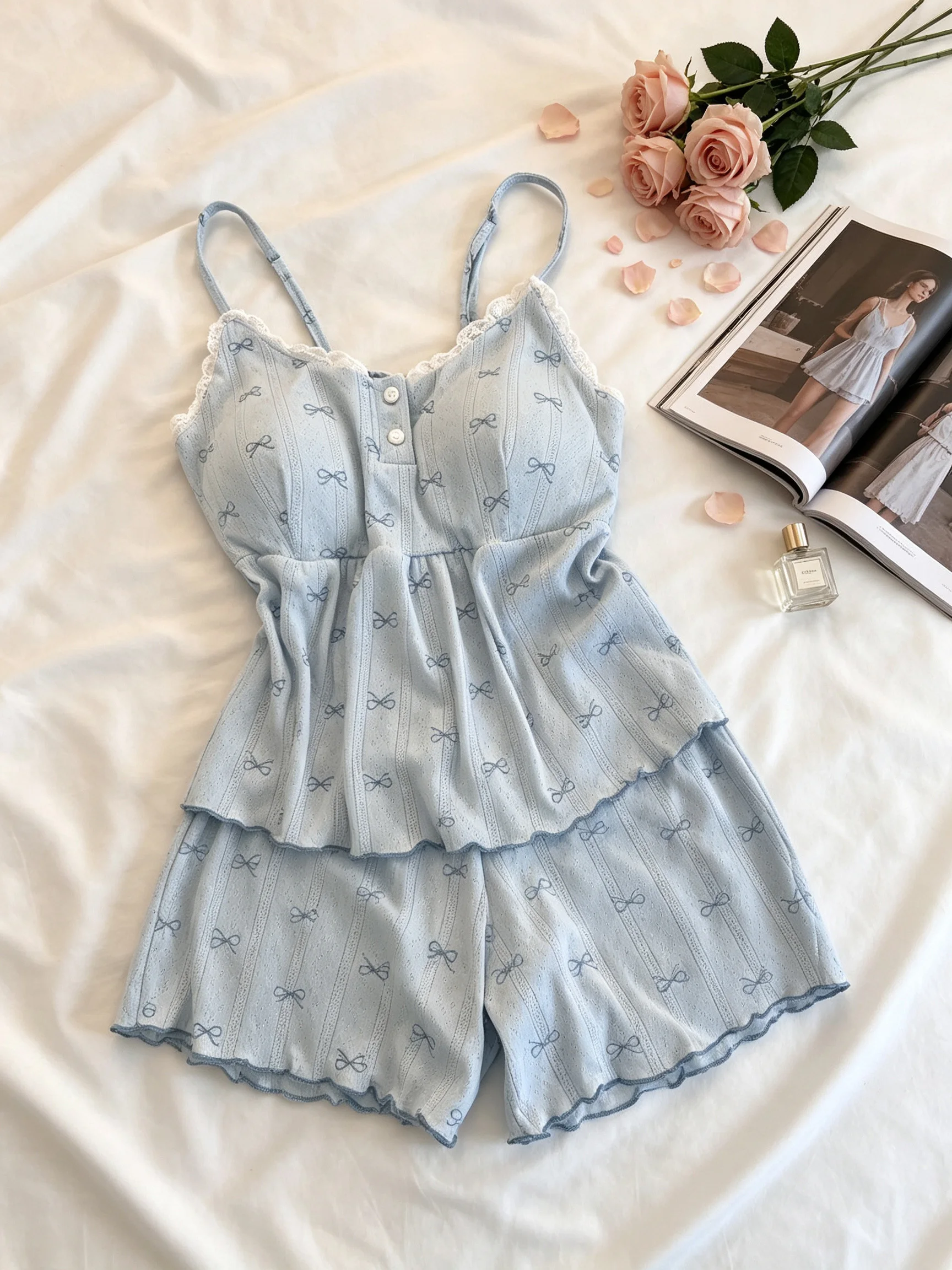 Bow Print Pajama Set Suspender Shorts Two-piece Set Womens Matching Sets Women Nightwear Home Wear Clothes for Sleep Cute Woman