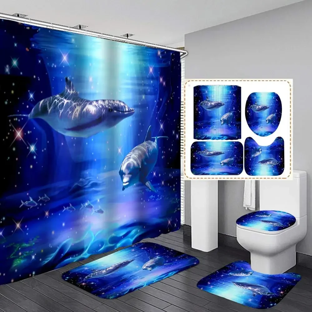 Deep Ocean Dolphin 3D Printing Waterproof Fabric Shower Curtain Set Bathroom Curtains Toilet Cover Mat Non Slip Rug Home Decor