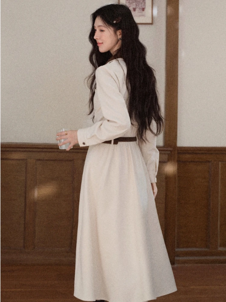 ALXNAN Shirt Dress Buttons Autumn Winter Patchwork Belt Woman Long Sleeve Dress Elegant Official Commuter Ladies Clothing L58127