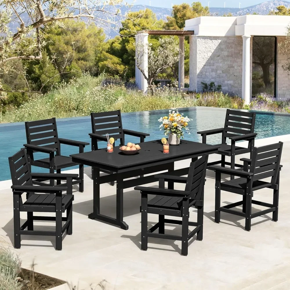

Patio Table and Chairs Set 7 Pieces, HDPE Weather Resistant Outdoor Dining Set with 1.95" Umbrell Hole, Rectangle Outdoor Dining