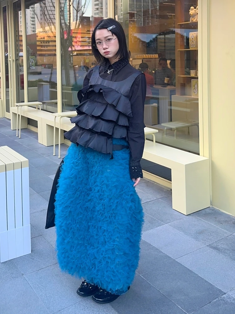 

Потрясающая юбка миди Bibiy Blue с кружевной отделкой и высокой талией, корейская пышная юбка-трапеция для дня рождения, идеальная посадка