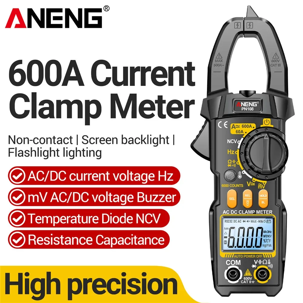 

ANENG PN108 Clamp Meter 6000 Counts AC/DC Voltage 600A Current Resistance Capacitance High Precision Tester MultimeterTool