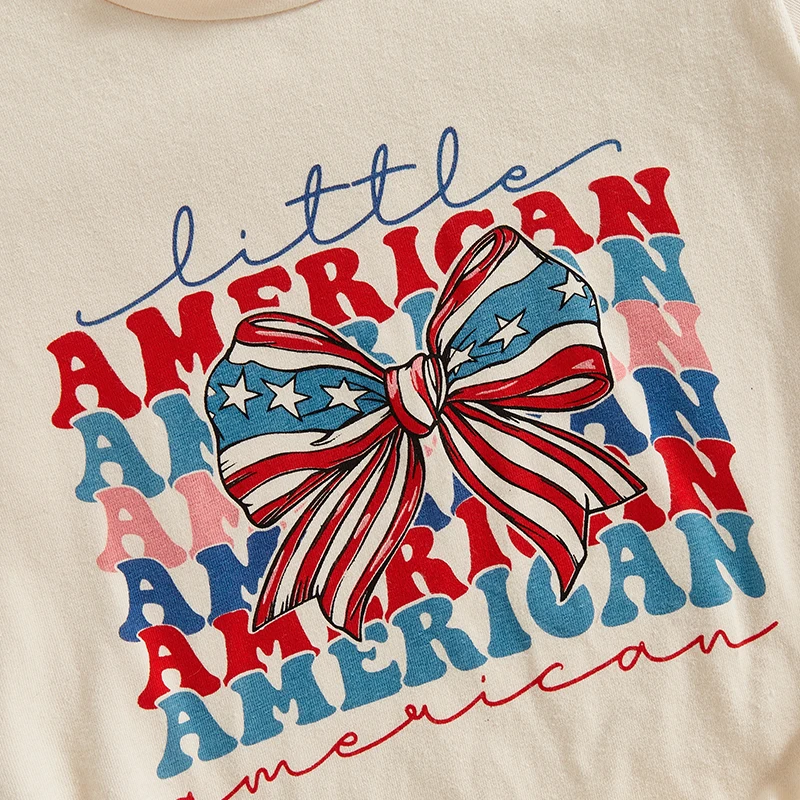 

Infant Girls Patriotic Romper with Bow Detail American Flag Print Short Sleeve Round Neck Jumpsuit for Independence Day